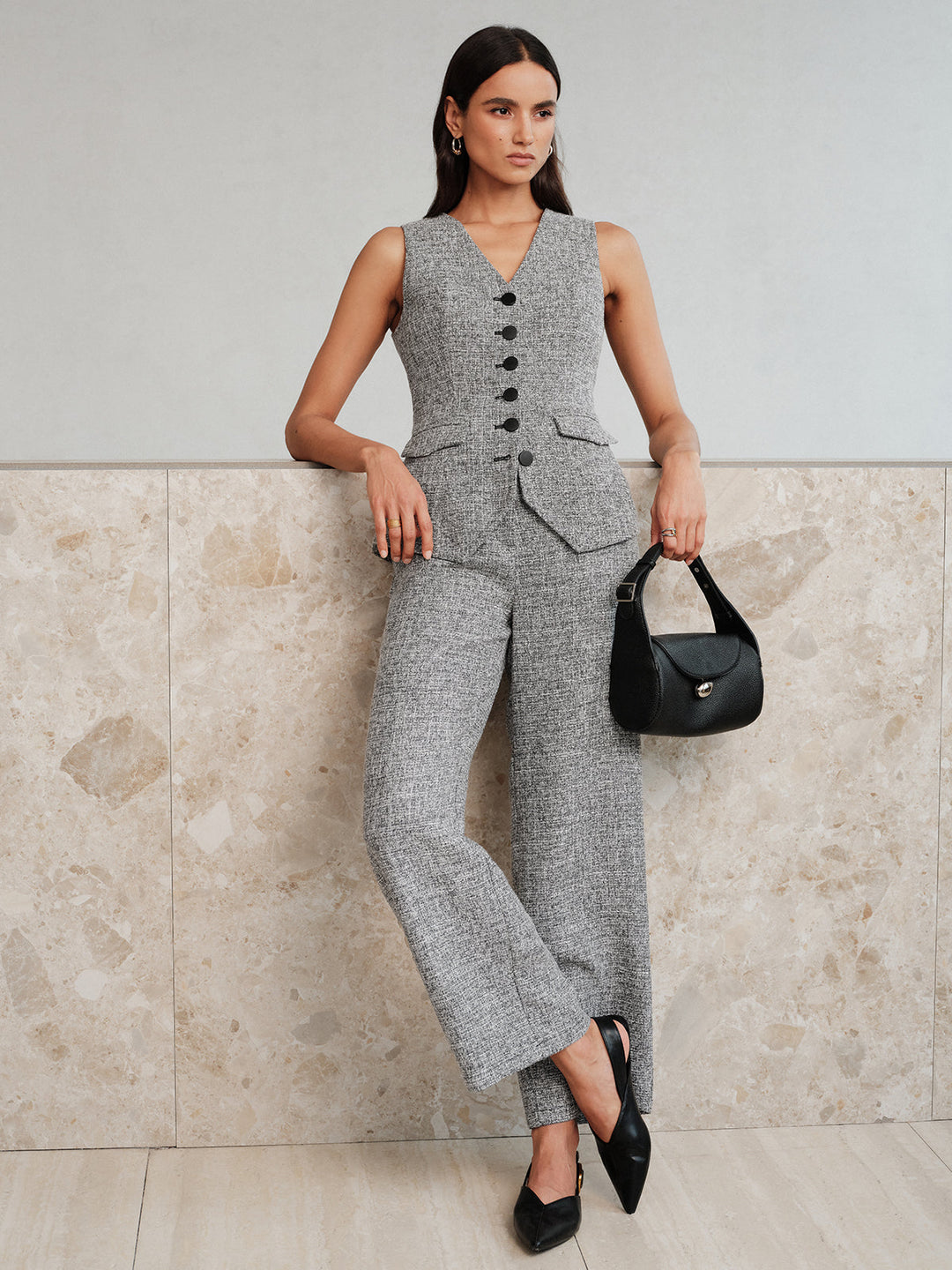 Sleeveless Button Front Tweed Two‑Piece Outfit