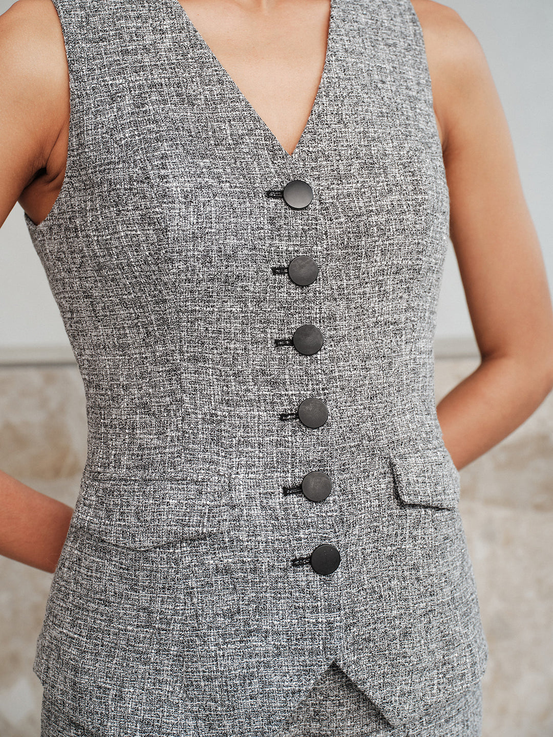 Sleeveless Button Front Tweed Two‑Piece Outfit