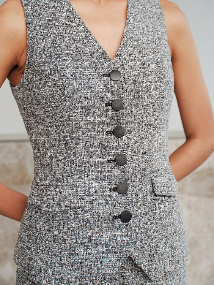 Sleeveless Button Front Tweed Two‑Piece Outfit