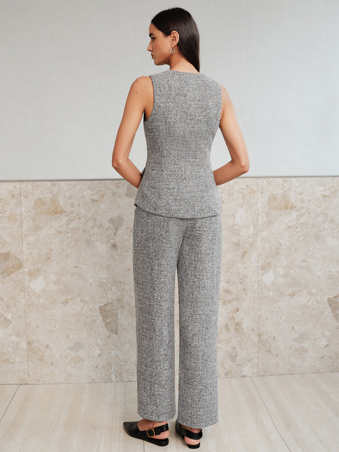 Sleeveless Button Front Tweed Two‑Piece Outfit