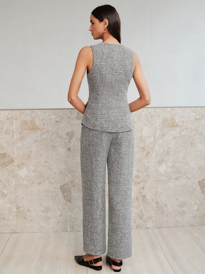 Sleeveless Button Front Tweed Two‑Piece Outfit