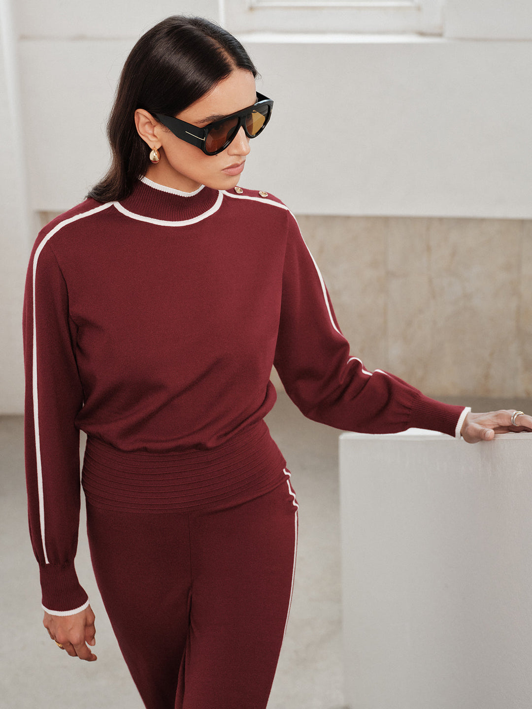 Side Button Contrast Trim Knit Co‑ord Set