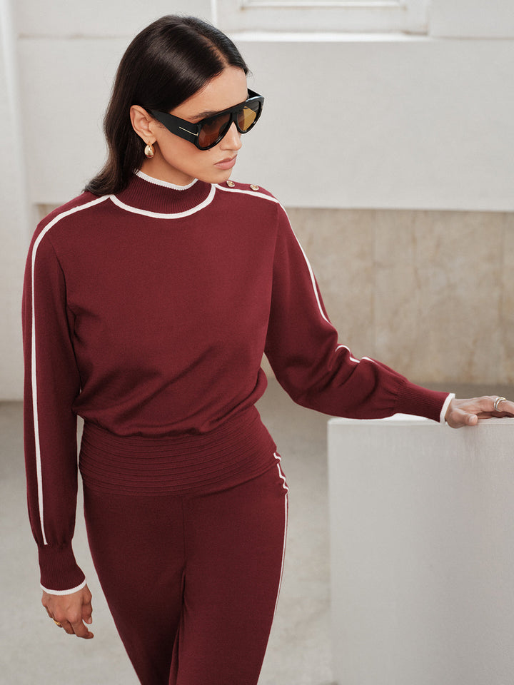 Side Button Contrast Trim Knit Co‑ord Set