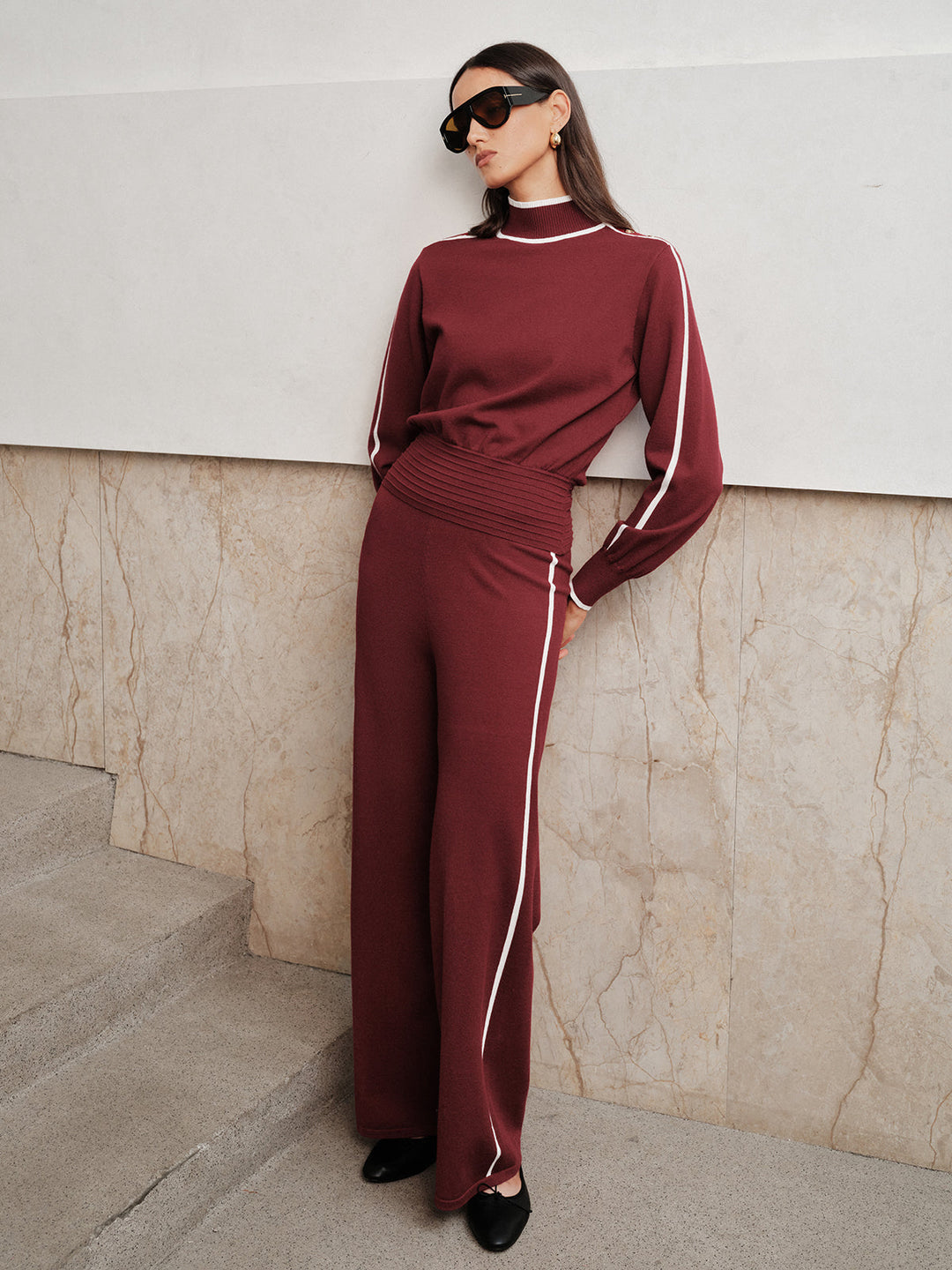 Side Button Contrast Trim Knit Co‑ord Set
