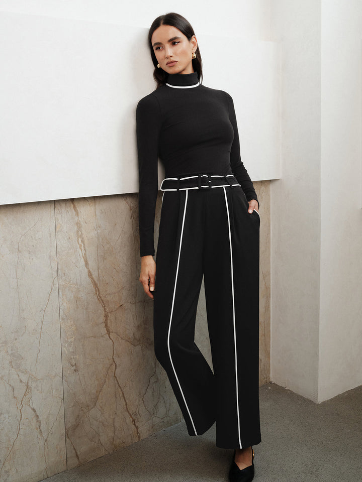 Contrast Piping Turtleneck Wide Leg Pants Set