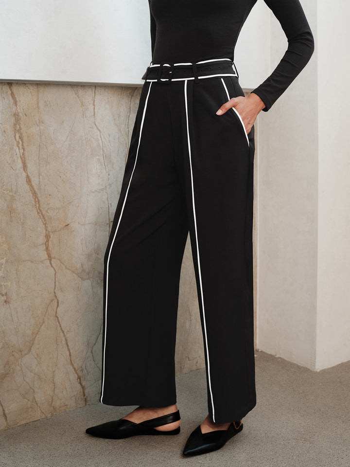 Contrast Piping Turtleneck Wide Leg Pants Set