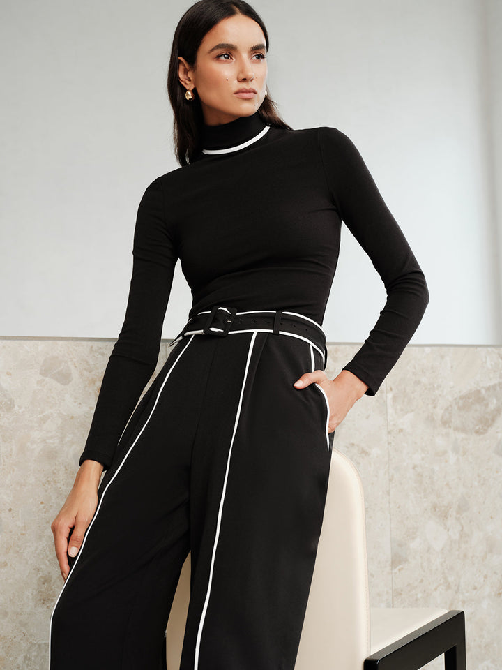 Contrast Piping Turtleneck Wide Leg Pants Set