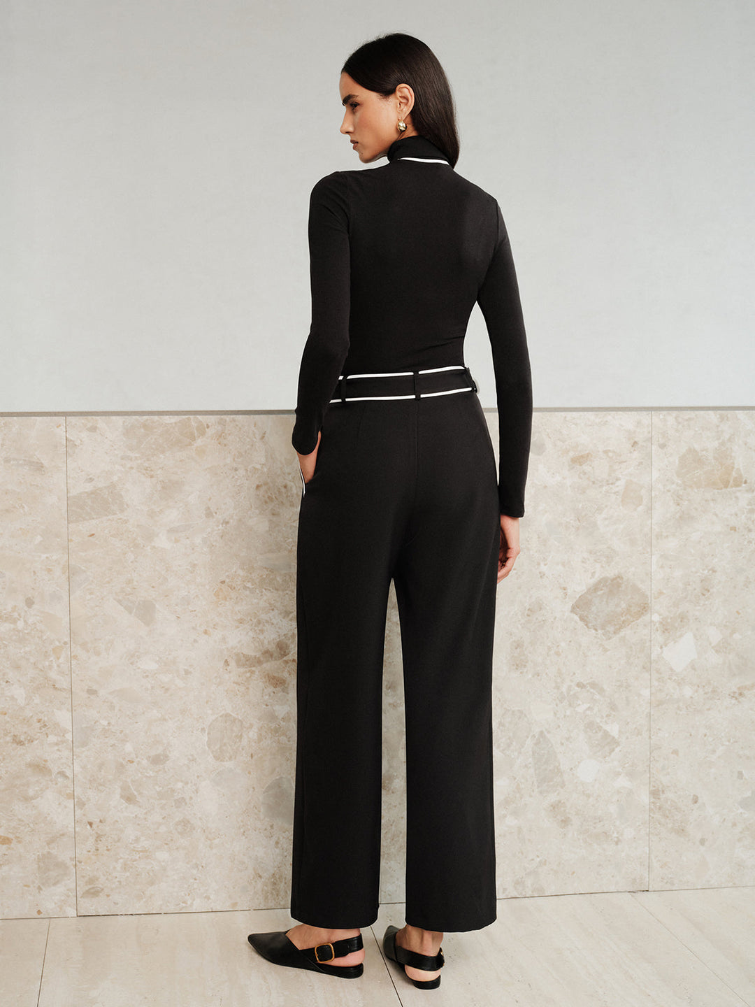 Contrast Piping Turtleneck Wide Leg Pants Set