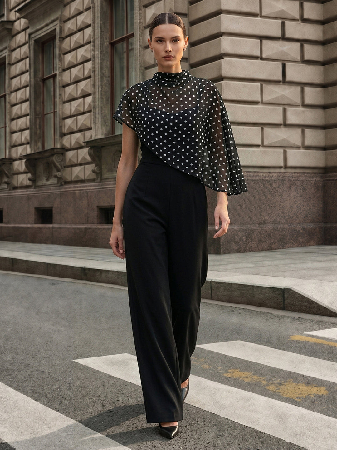 Polka‑Dot Cape Overlay Wide Leg Jumpsuit
