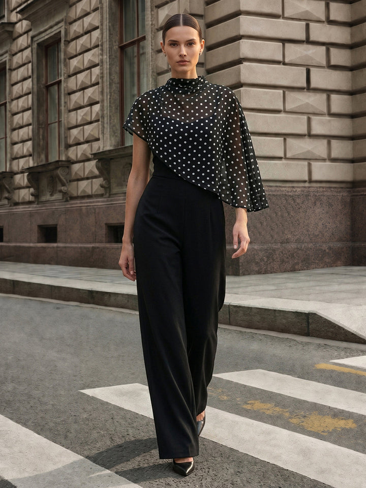 Polka‑Dot Cape Overlay Wide Leg Jumpsuit