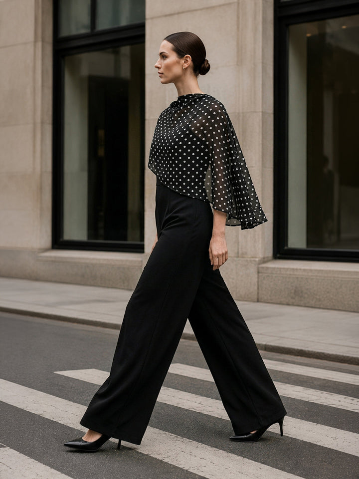 Polka‑Dot Cape Overlay Wide Leg Jumpsuit
