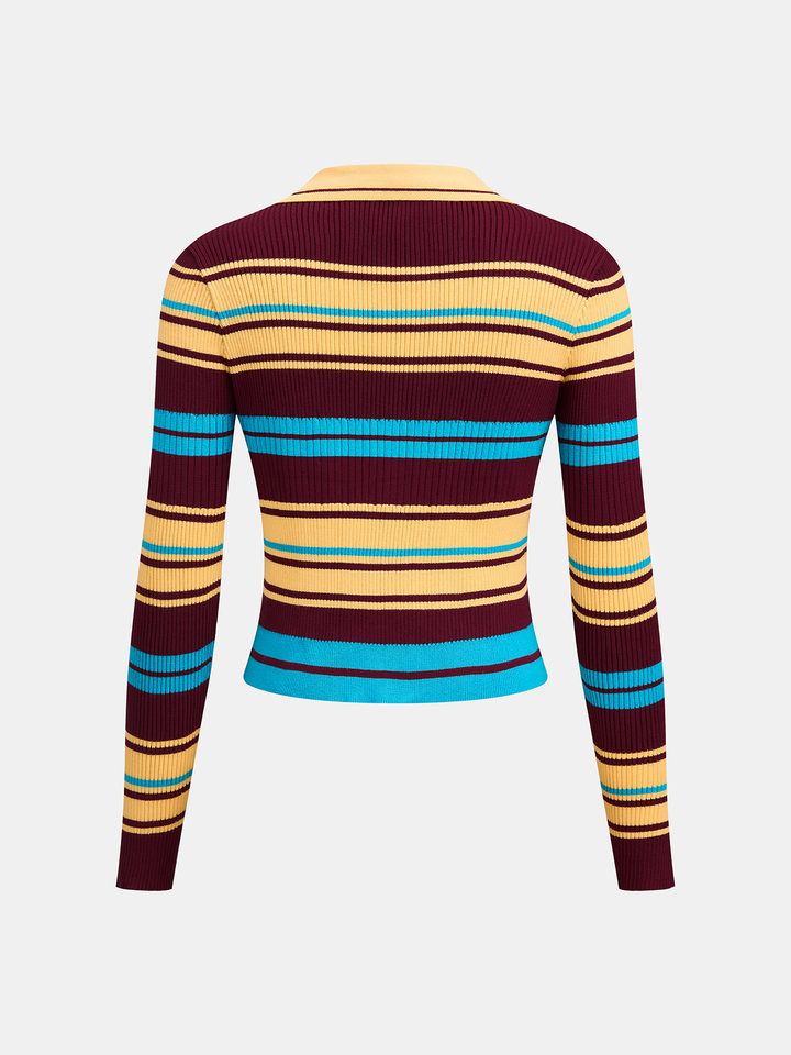 Multi‑Stripe Ribbed Collared Knit Cardigan