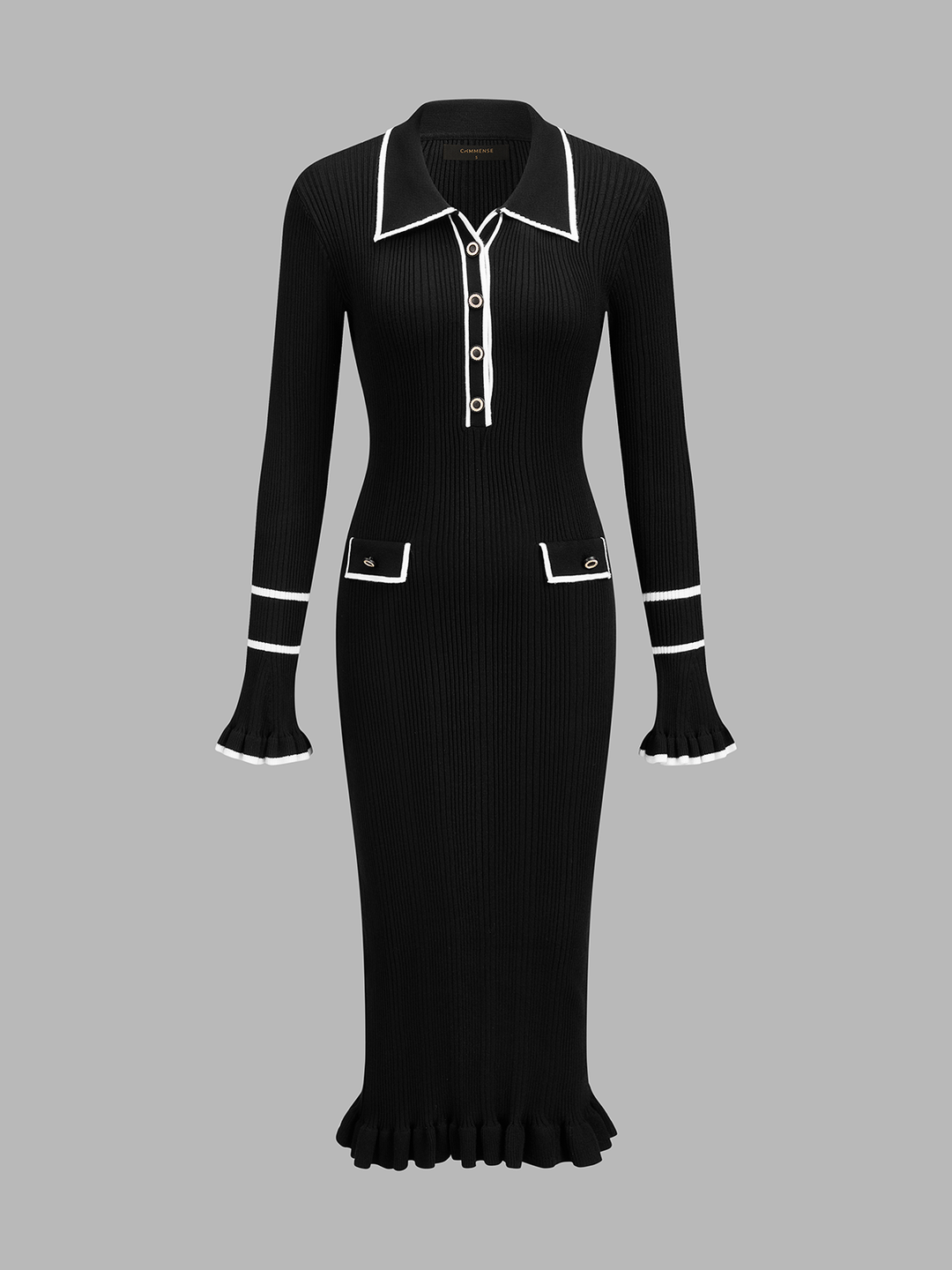 Contrast Trim Ribbed Knit Polo Maxi Dress