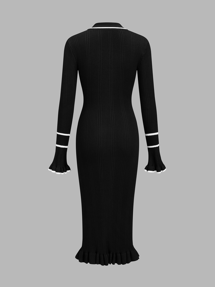 Contrast Trim Ribbed Knit Polo Maxi Dress