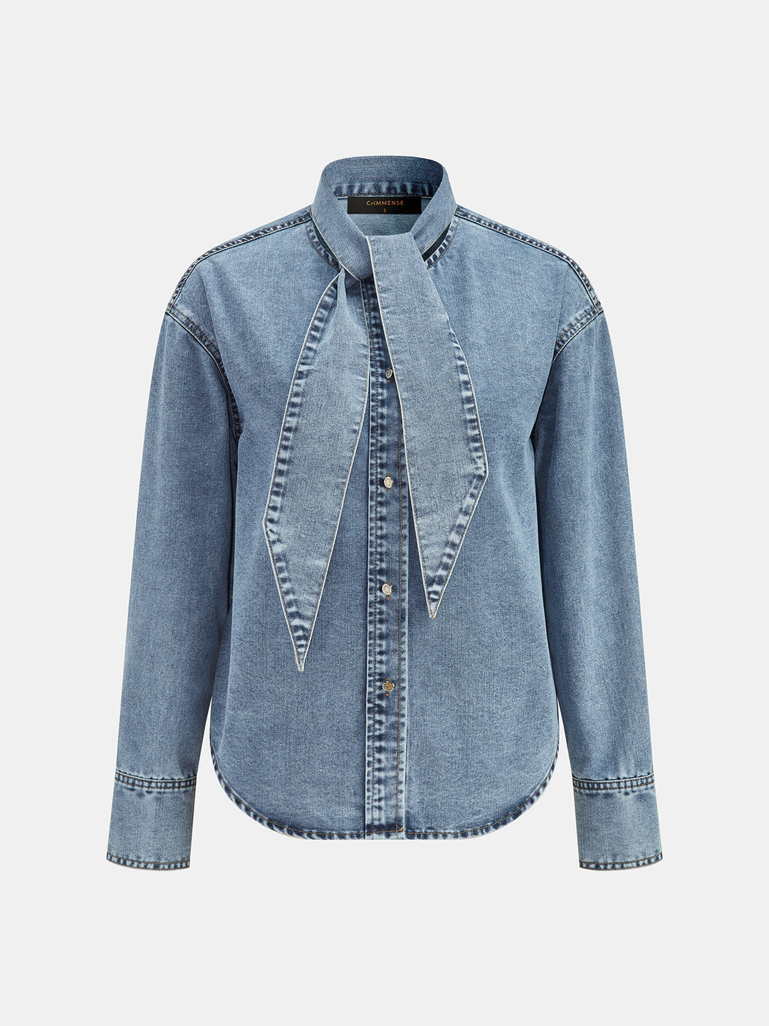 Tie-Neck Denim Long Sleeve Shirt