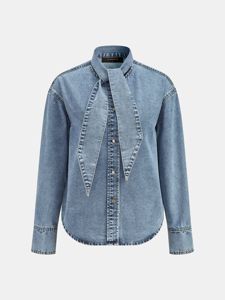 Tie-Neck Denim Long Sleeve Shirt
