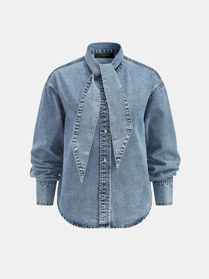Tie-Neck Denim Long Sleeve Shirt