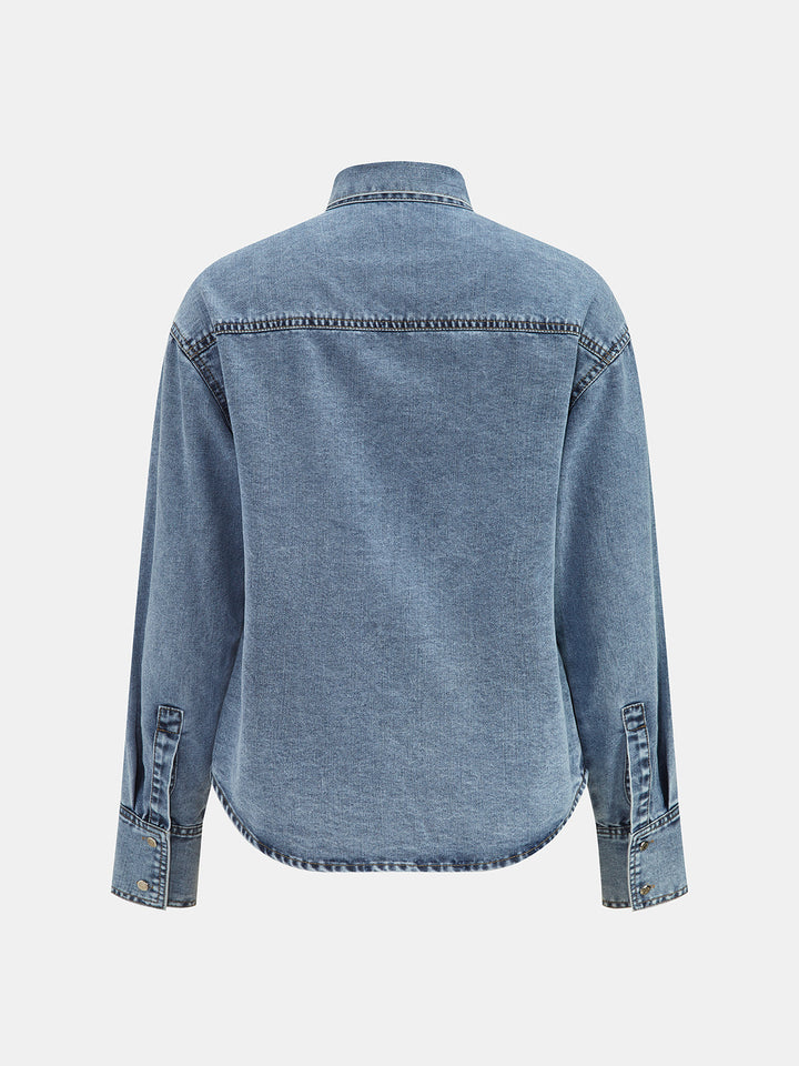 Tie-Neck Denim Long Sleeve Shirt