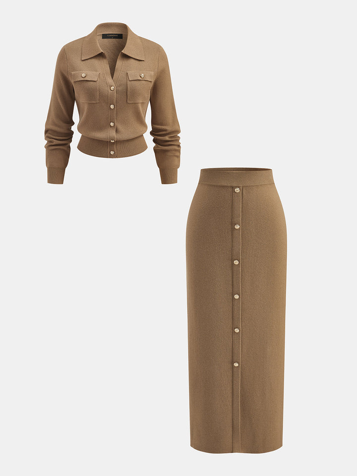 Metal Button Knit Top Pencil Midi Skirt Co‑ord