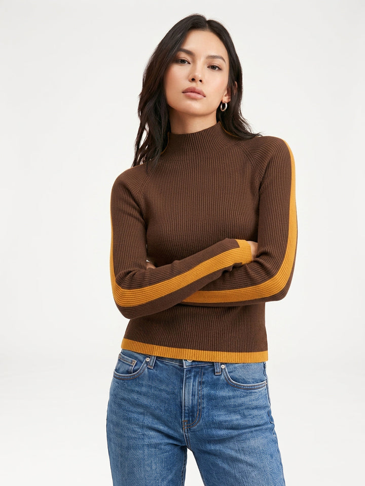 Color Block Mock Neck Ribbed Knit Sweater