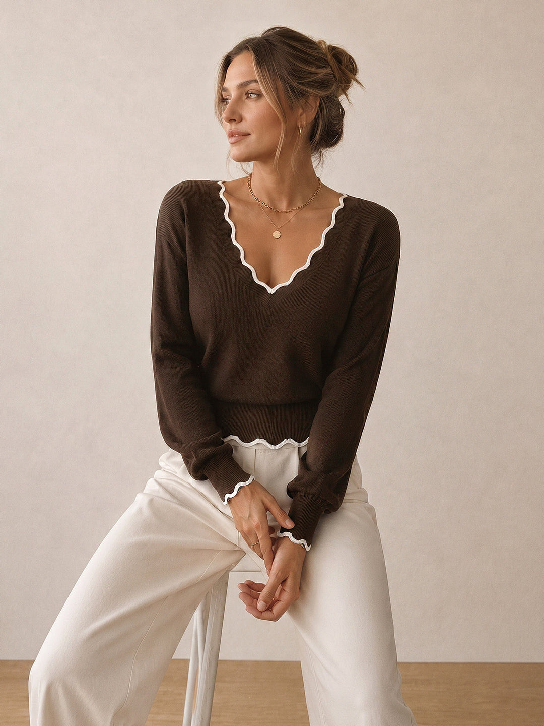 Contrast Scallop Trim Wool Blend Knit Sweater