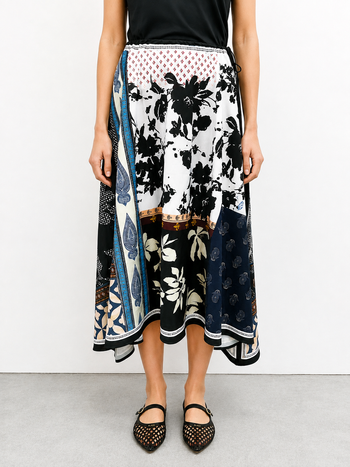 Patchwork Floral Print Asymmetric Midi Skirt