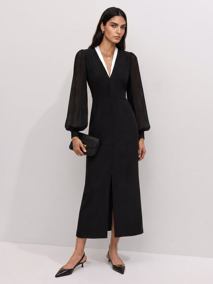 Contrast V‑Neck Sheer Sleeve Midi Dress