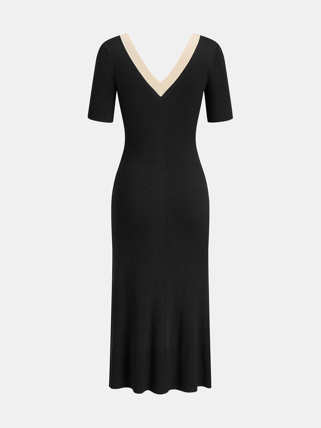 Two Tone V-Neck Knit Slit Midi Dress