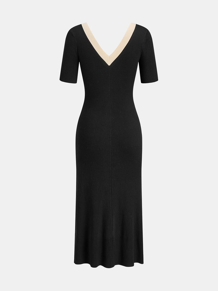 Two Tone V-Neck Knit Slit Midi Dress