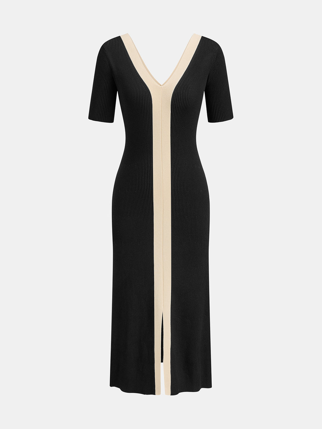 Two Tone V-Neck Knit Slit Midi Dress