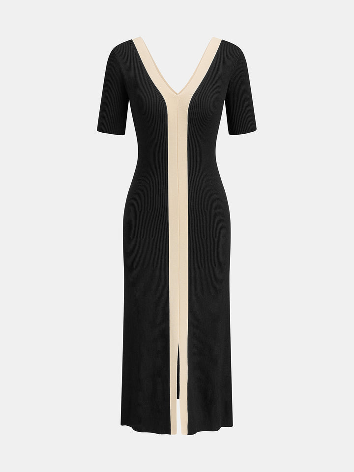 Two Tone V-Neck Knit Slit Midi Dress