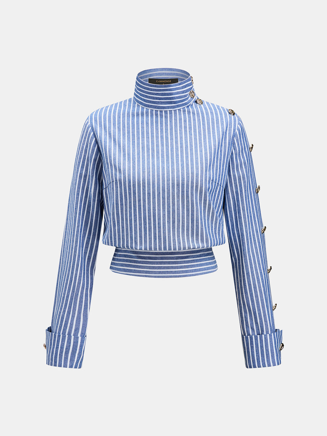 Striped Button Detail Cropped Cotton Linen Blouse