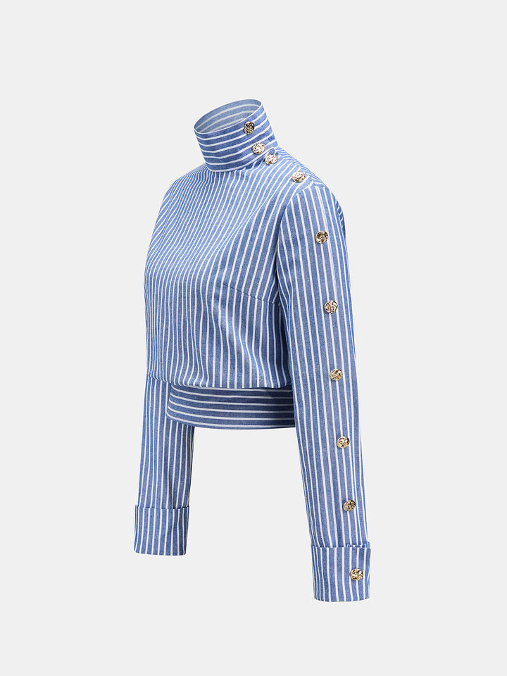 Striped Button Detail Cropped Cotton Linen Blouse