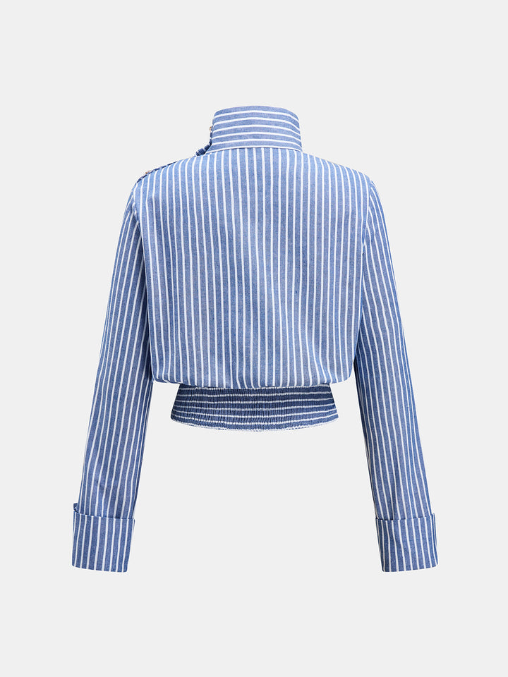 Striped Button Detail Cropped Cotton Linen Blouse