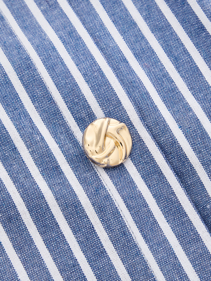 Striped Button Detail Cropped Cotton Linen Blouse