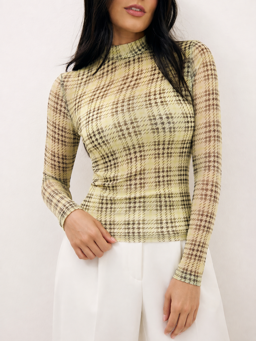 Houndstooth Mesh Mock Neck Long Sleeve Top