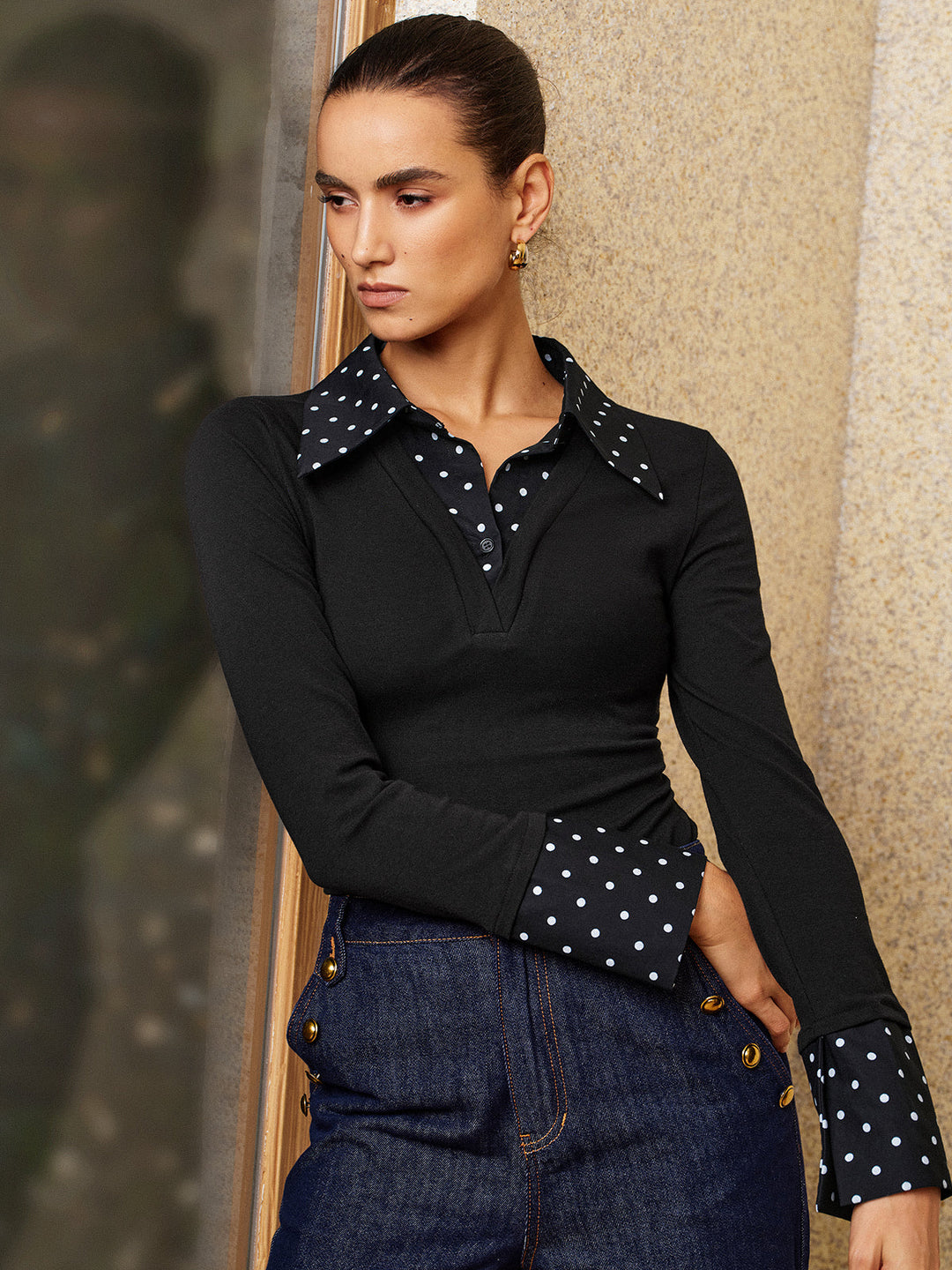 Polka Dot Collar Fake Two Piece Fitted Top