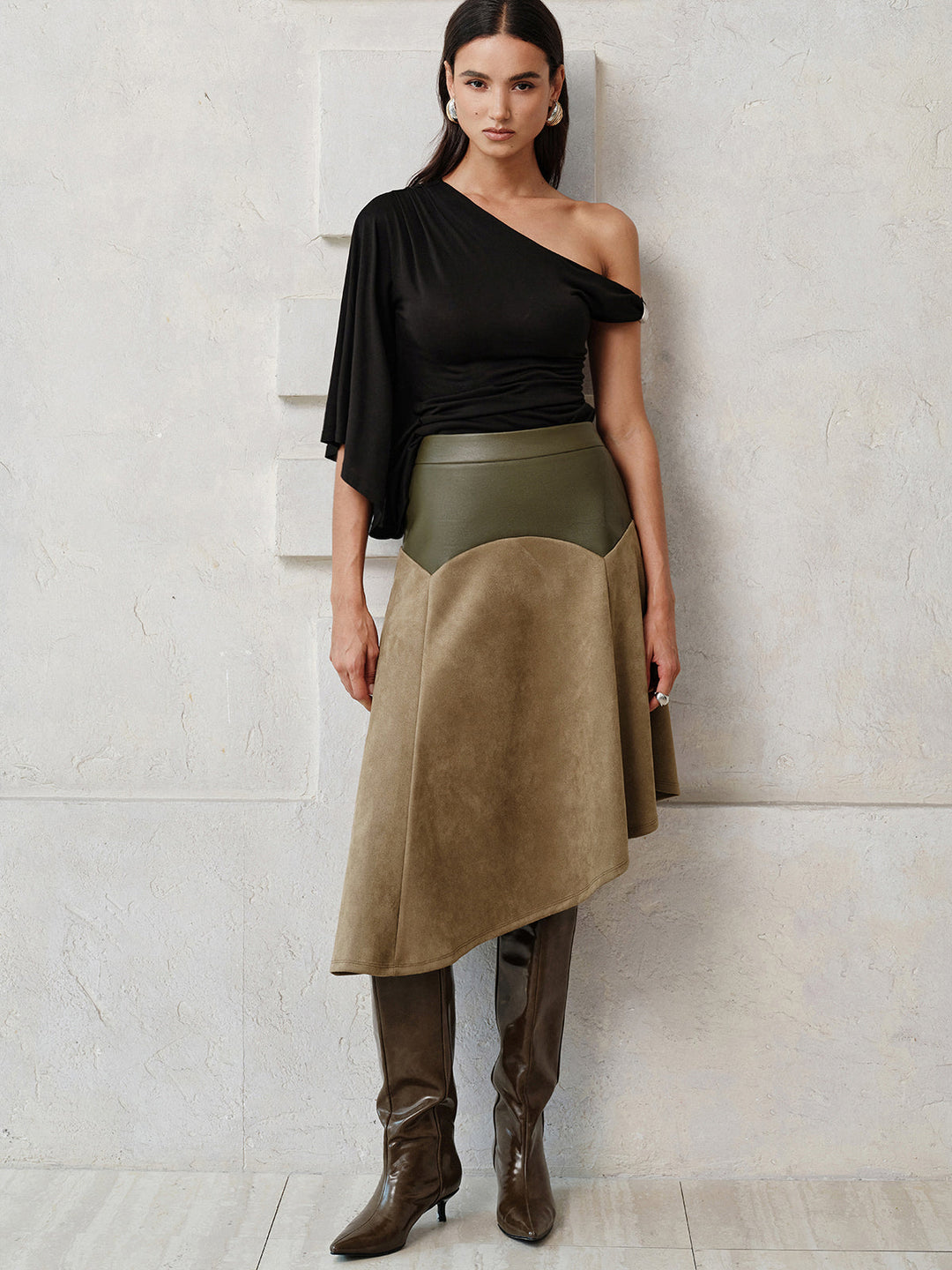 Faux Leather Patchwork Suede Effect Asymmetrical Skirt
