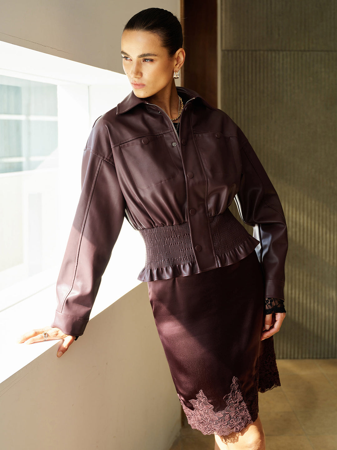 Smocked Waist Faux Leather Jacket
