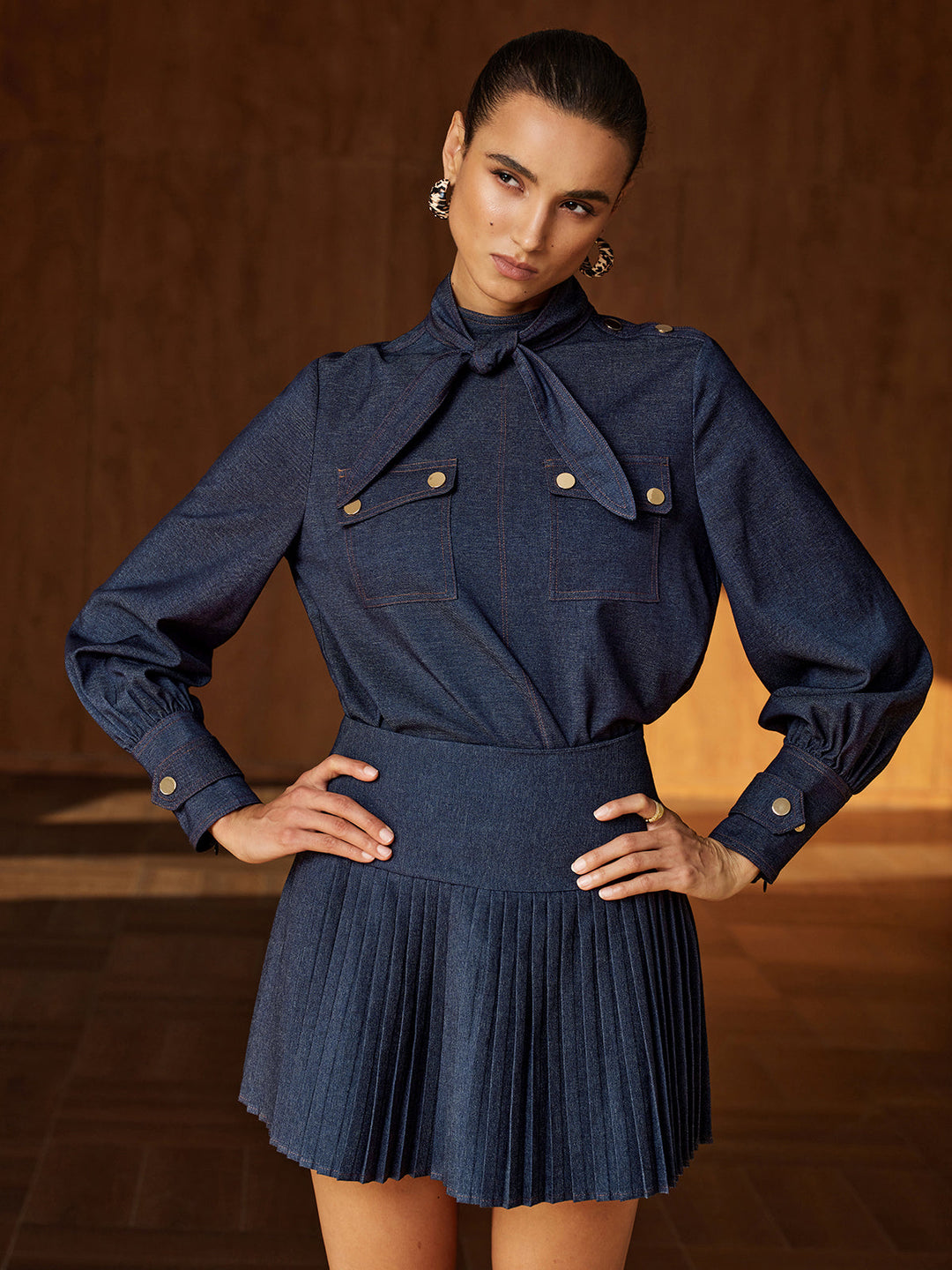 Faux‑Denim Bow Blouse Pleated Skirt Set