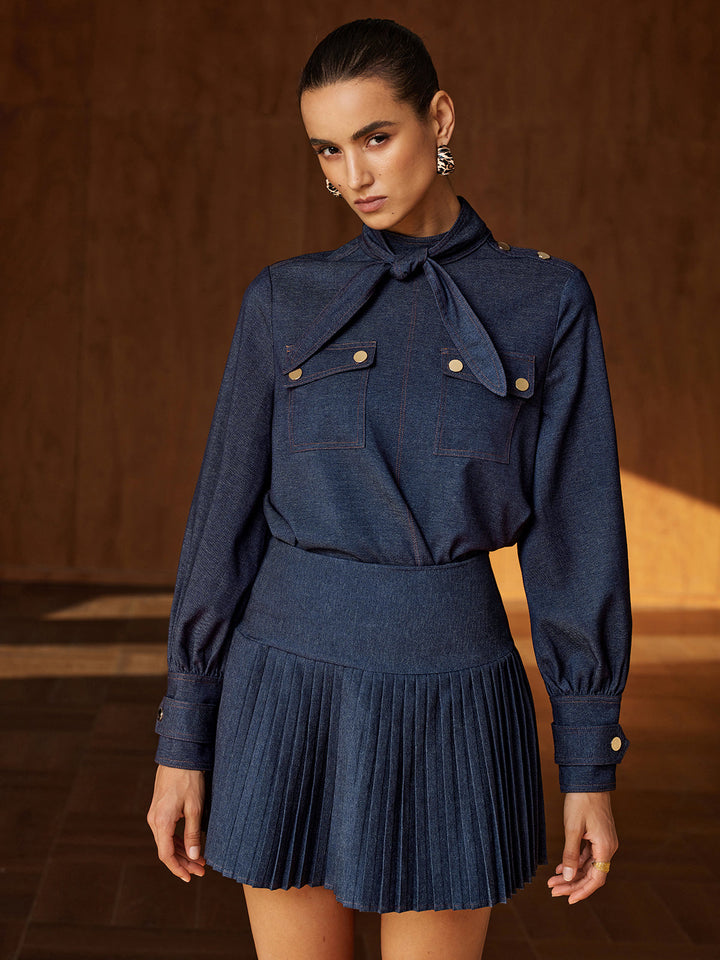 Faux‑Denim Bow Blouse Pleated Skirt Set