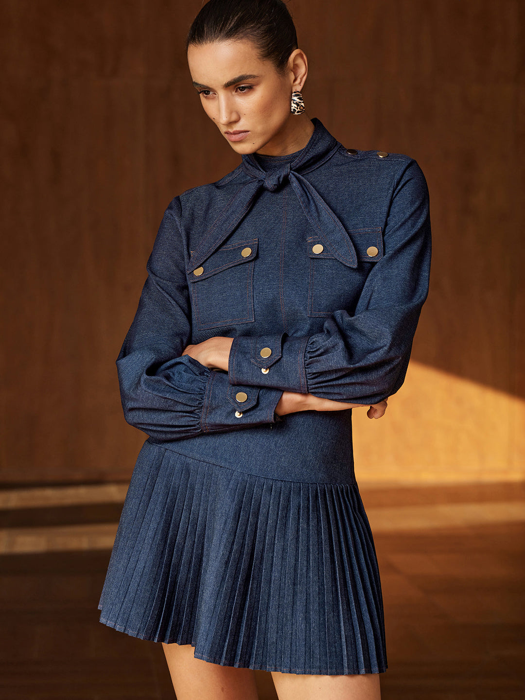 Faux‑Denim Bow Blouse Pleated Skirt Set