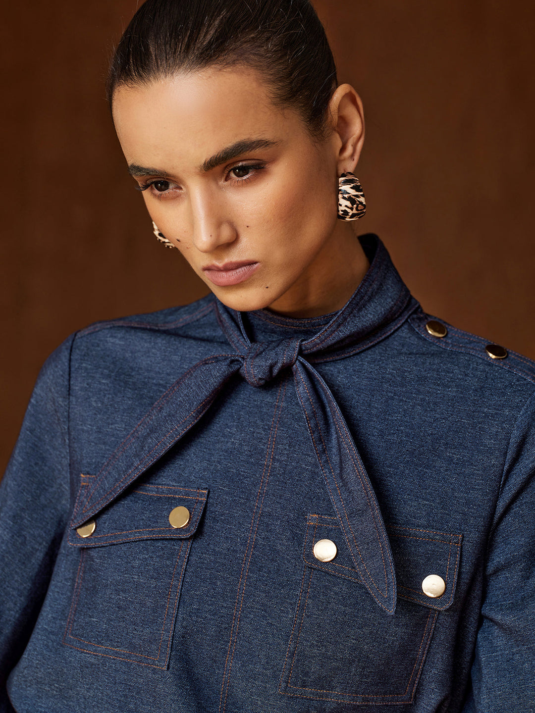 Faux‑Denim Bow Blouse Pleated Skirt Set