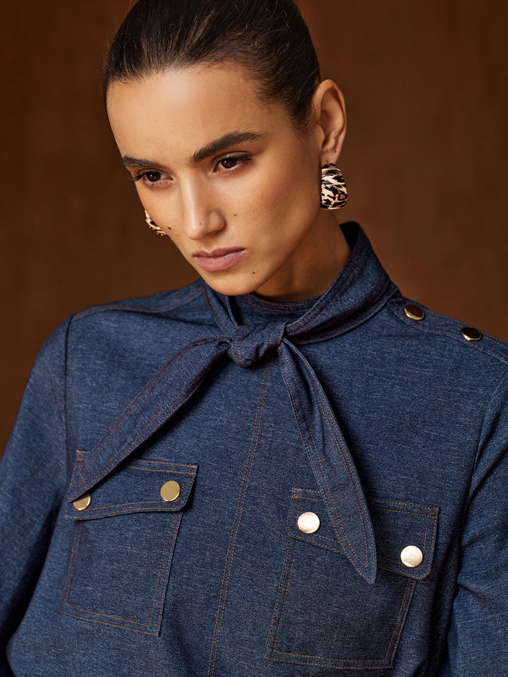 Faux‑Denim Bow Blouse Pleated Skirt Set