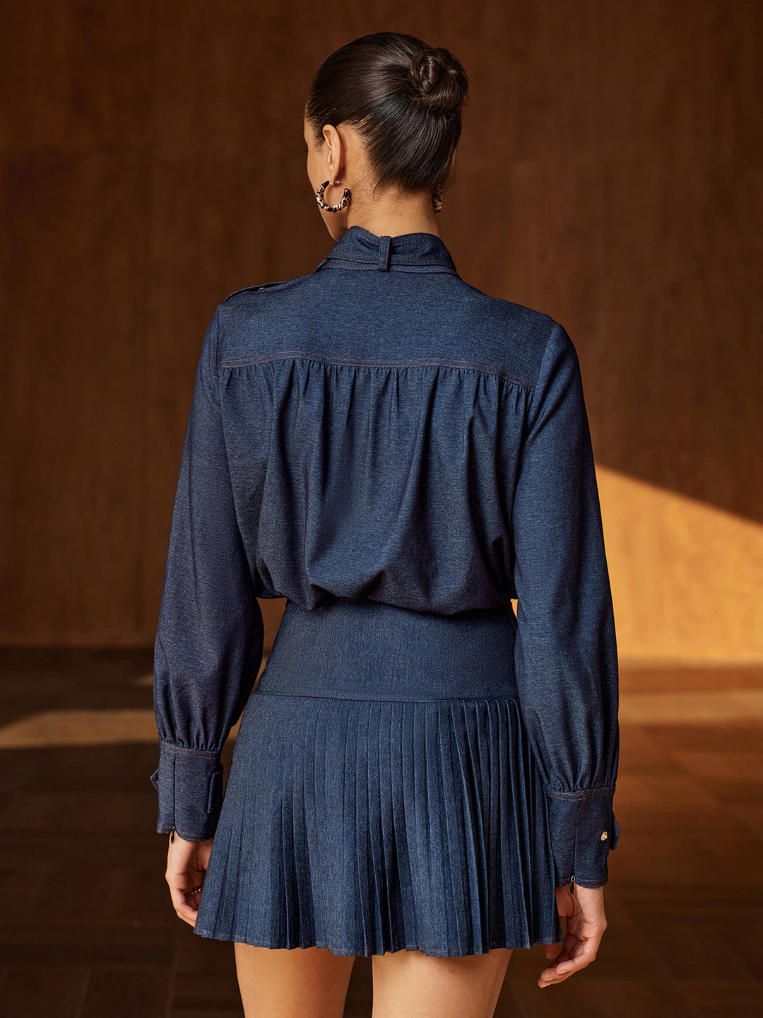 Faux‑Denim Bow Blouse Pleated Skirt Set