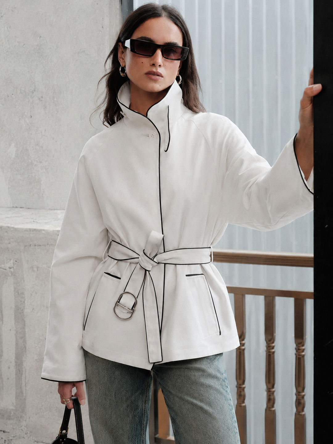 Contrast Piping Belted Short Trench