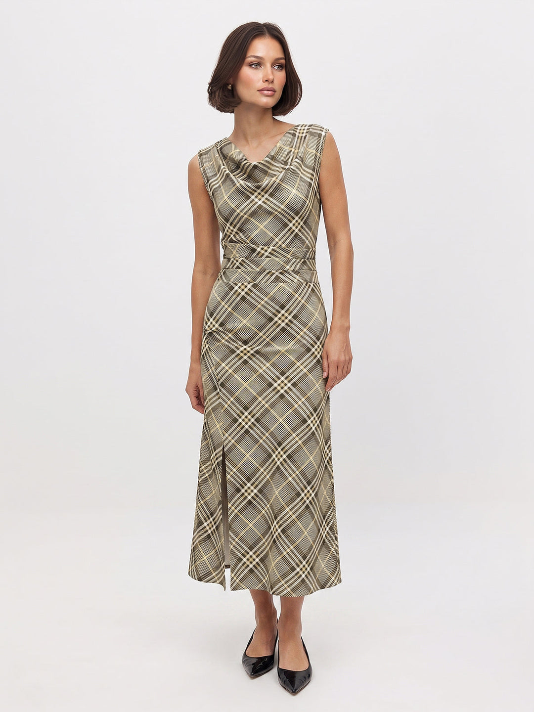 Cowl Neck Plaid Sleeveless Maxi Dress