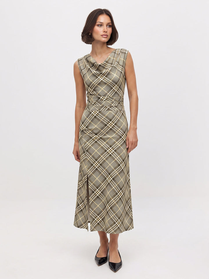 Cowl Neck Plaid Sleeveless Maxi Dress