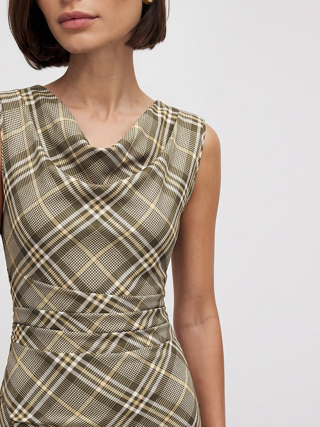 Cowl Neck Plaid Sleeveless Maxi Dress