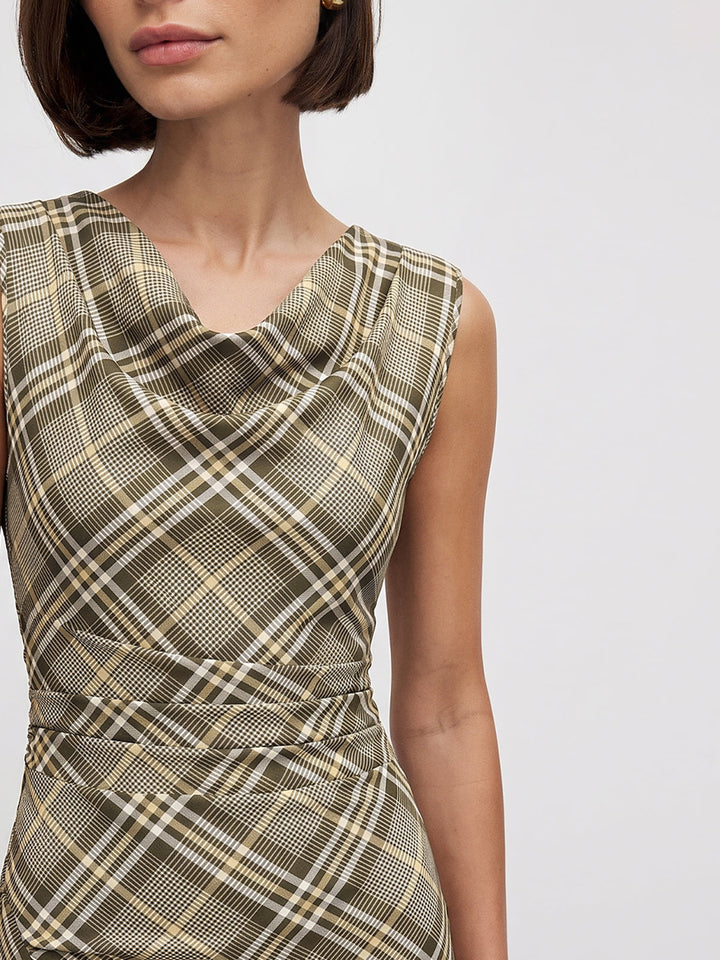 Cowl Neck Plaid Sleeveless Maxi Dress